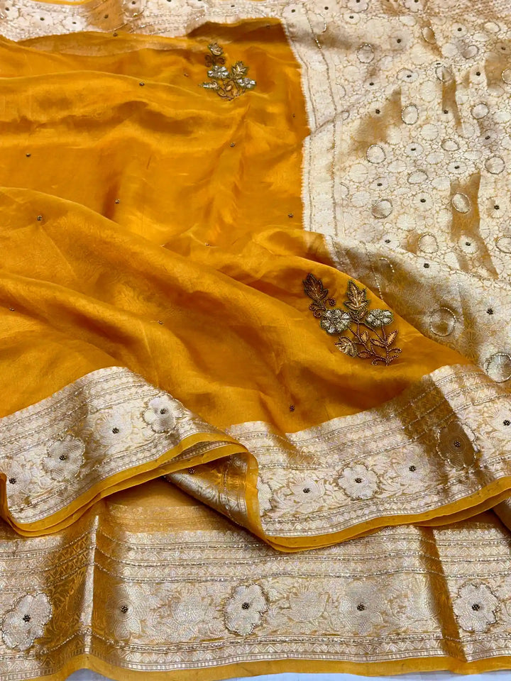 Bright Mustard Premium Handwork Pure Tissue Silk Banarasi Saree