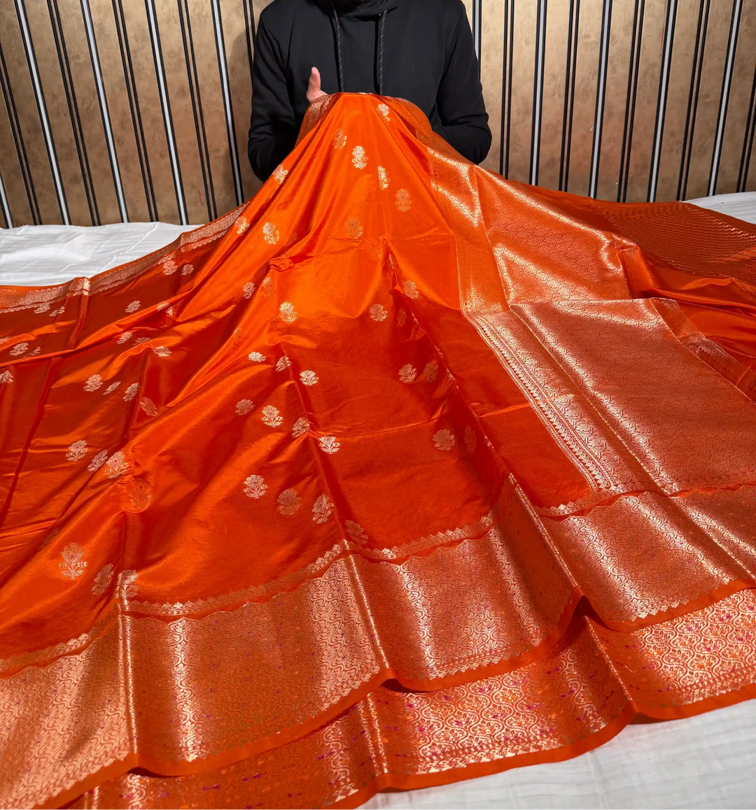 Bright Orange Banana Silk Eccentric Weave Banarasi Saree