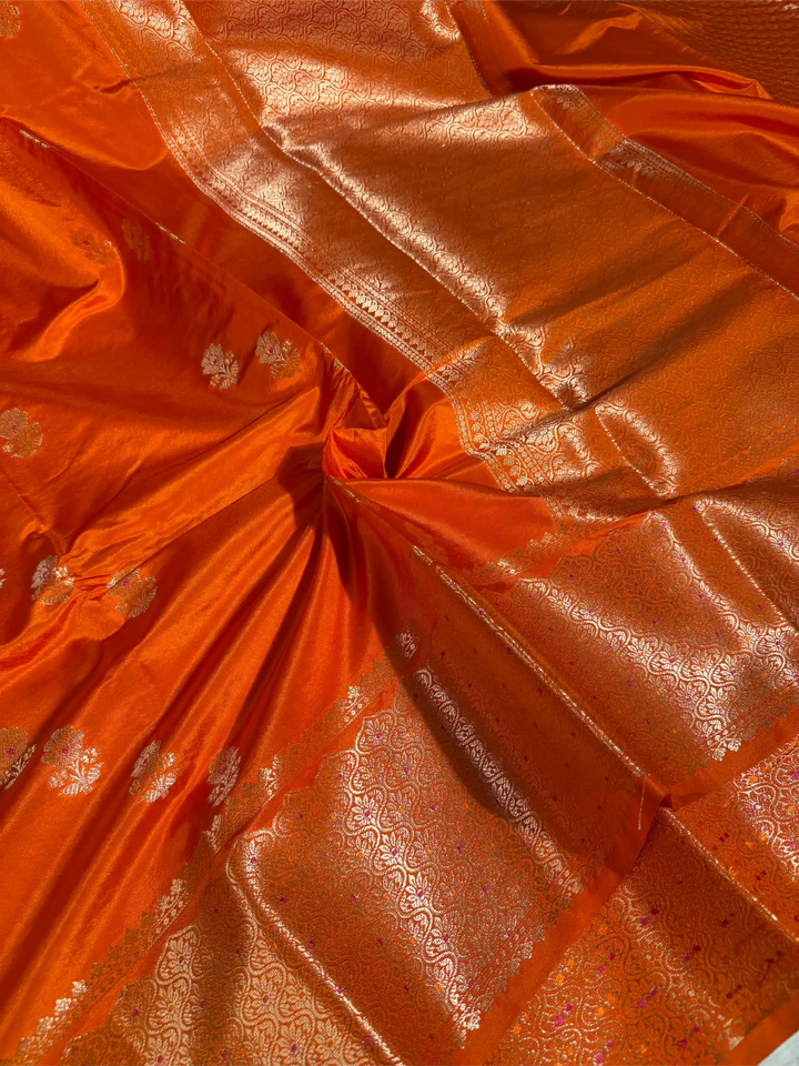 Bright Orange Banana Silk Eccentric Weave Banarasi Saree