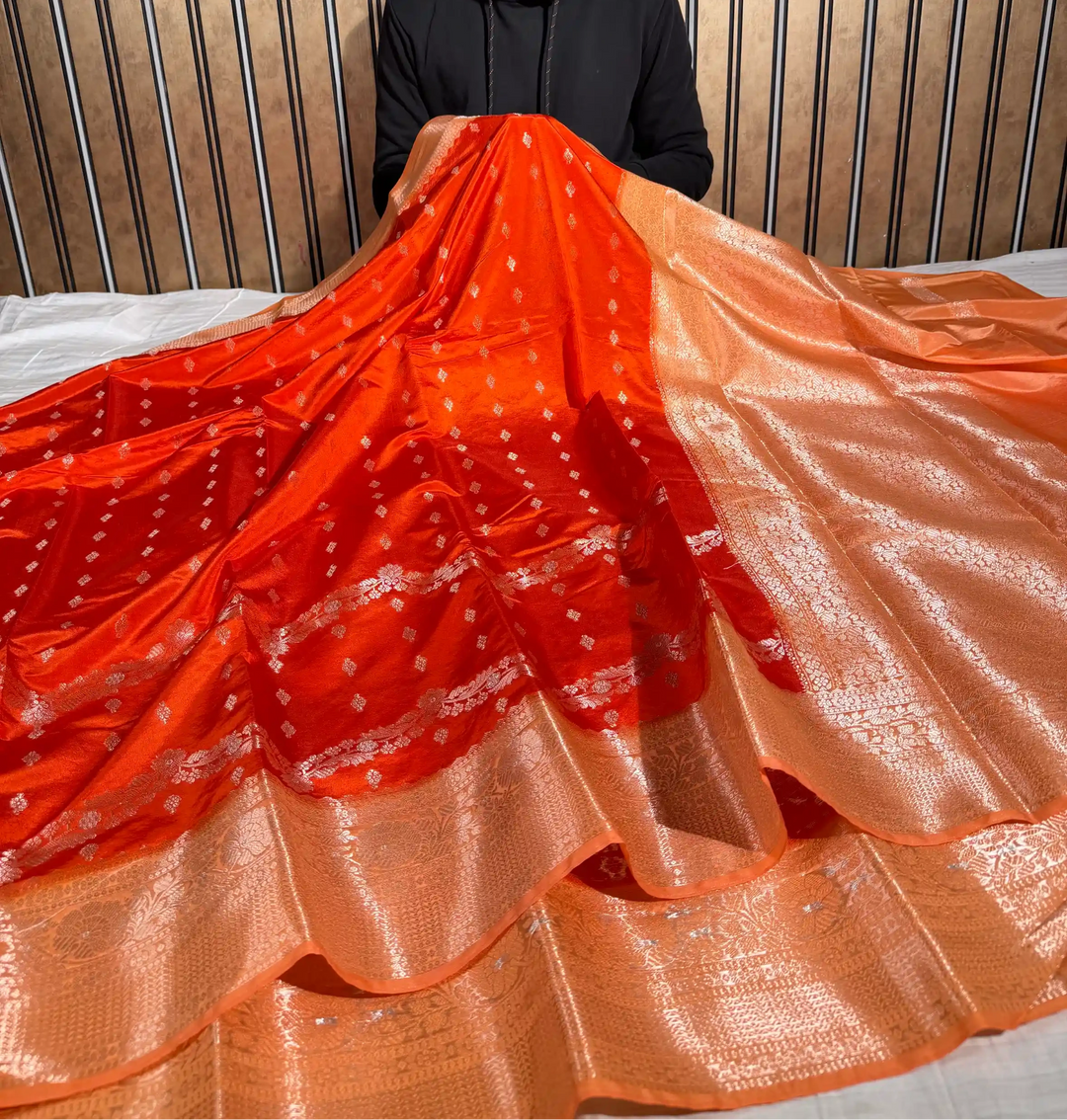 Bright Orange Banana Silk Eccentric Weave Banarasi Saree