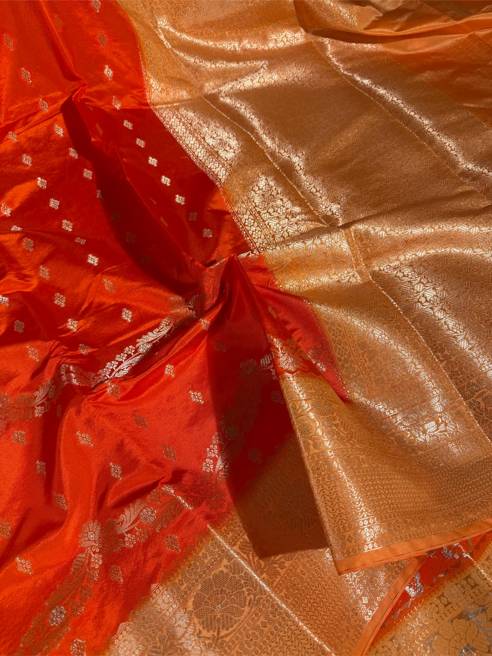 Bright Orange Banana Silk Eccentric Weave Banarasi Saree