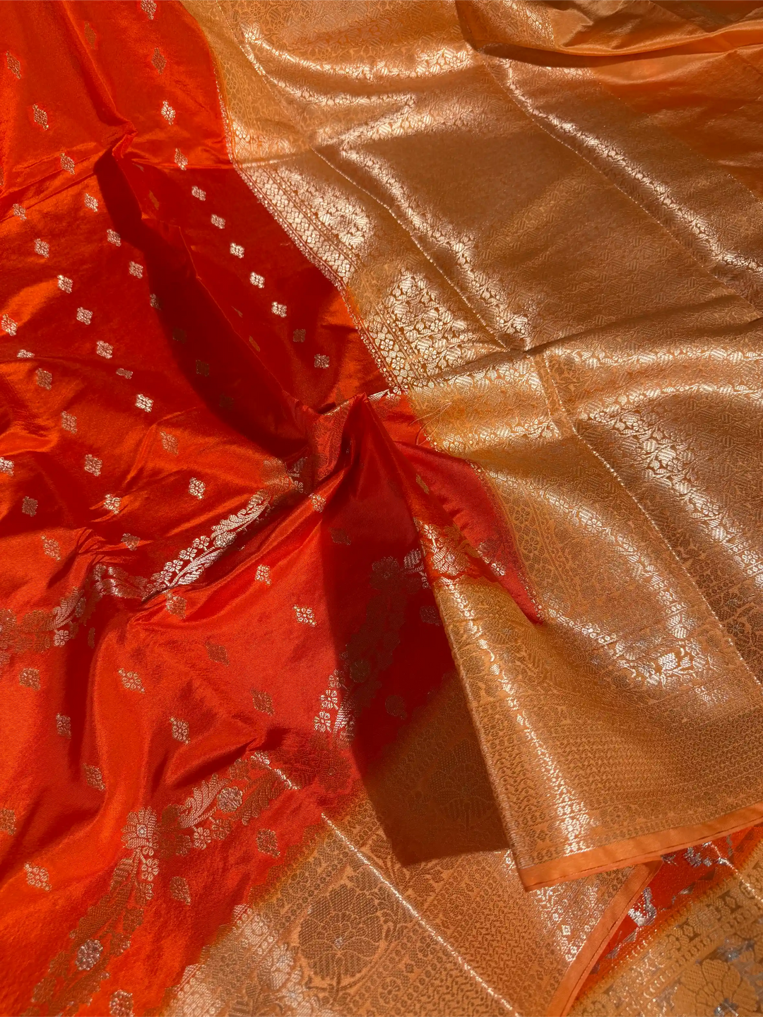 Bright Orange Banana Silk Eccentric Weave Banarasi Saree