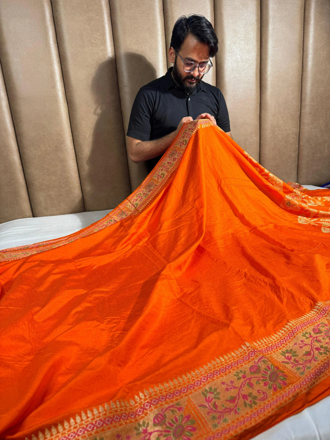 Bright Orange Banarasi Georgette Silk Saree with Rich Pallu and Blouse