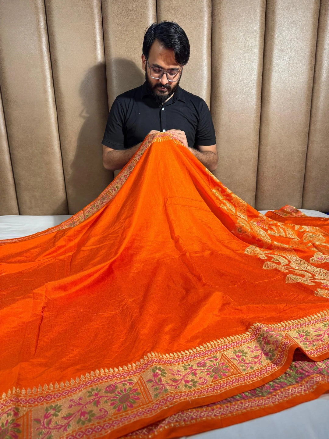 Bright Orange Banarasi Georgette Silk Saree with Rich Pallu and Blouse