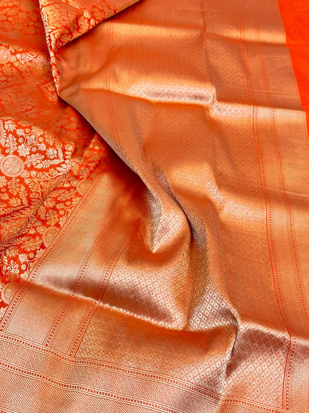 Bright Orange Brocade Pure Katan Silk Saree