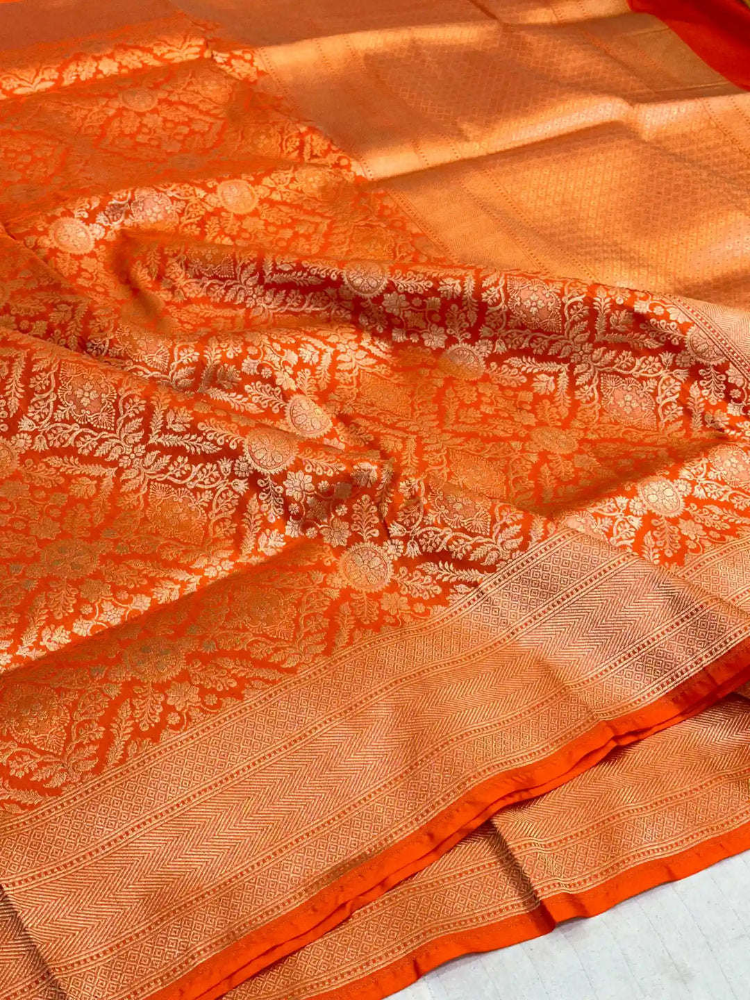 Bright Orange Brocade Pure Katan Silk Saree