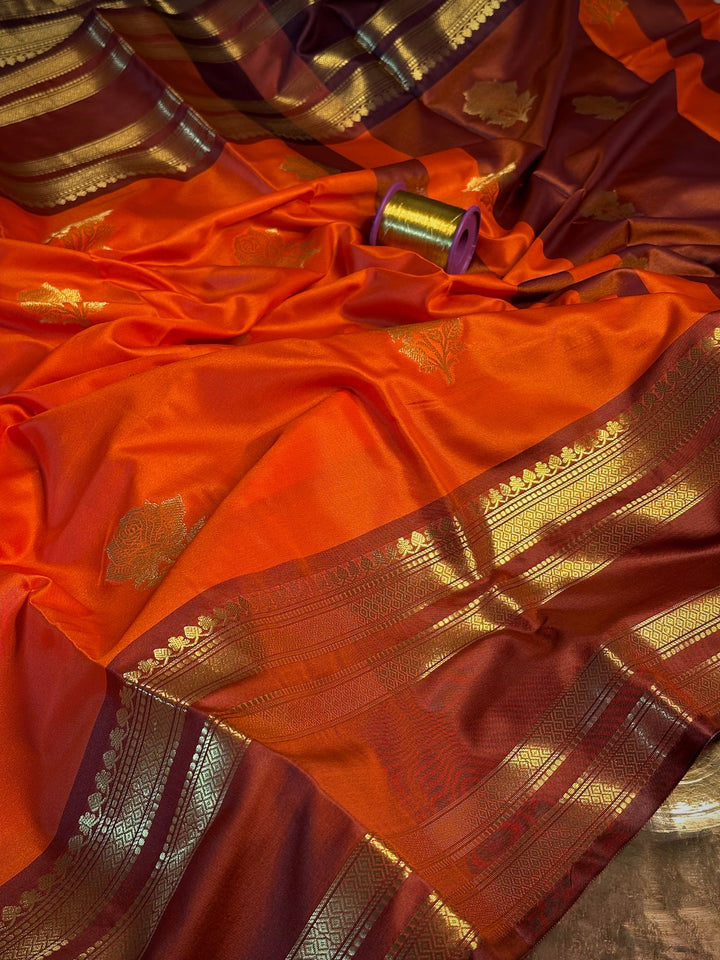 Bright Orange Checks Buta Softsilk Banarasi Saree