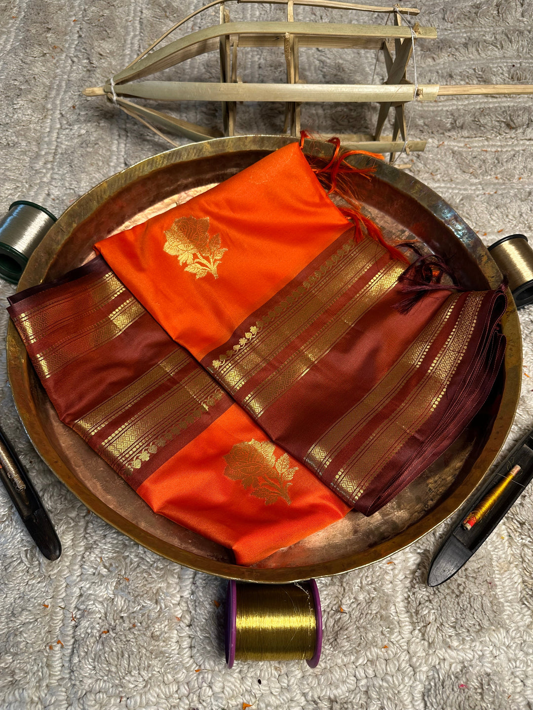 Bright Orange Checks Buta Softsilk Banarasi Saree