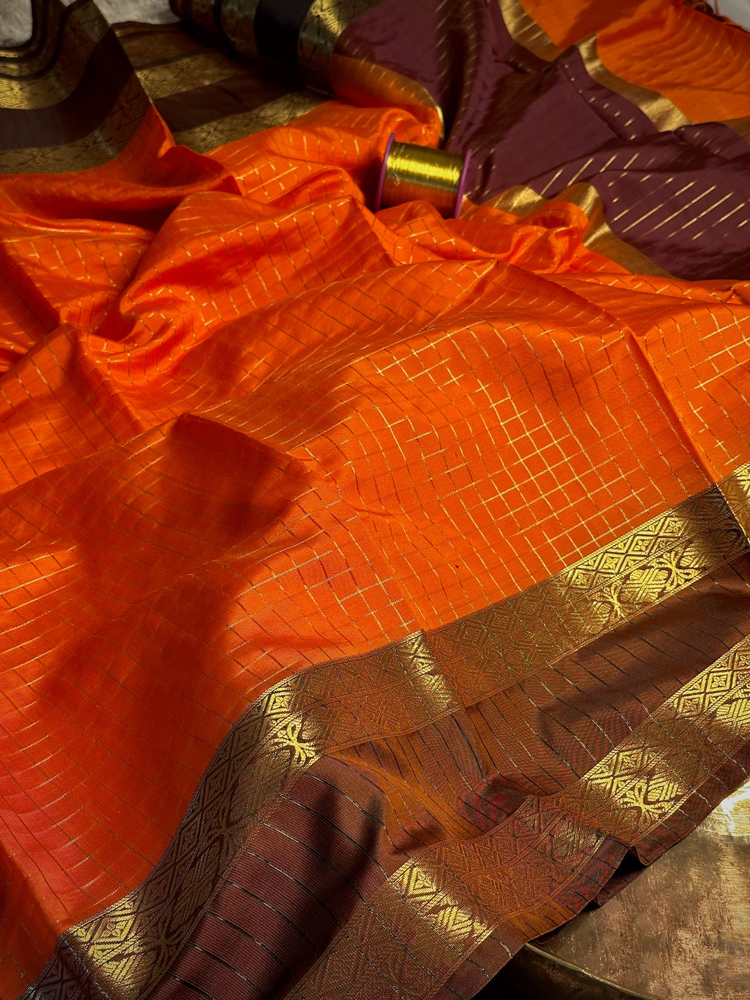 Bright Orange Checks Weave Cotton Banarasi Saree