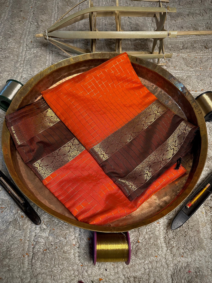 Bright Orange Checks Weave Cotton Banarasi Saree