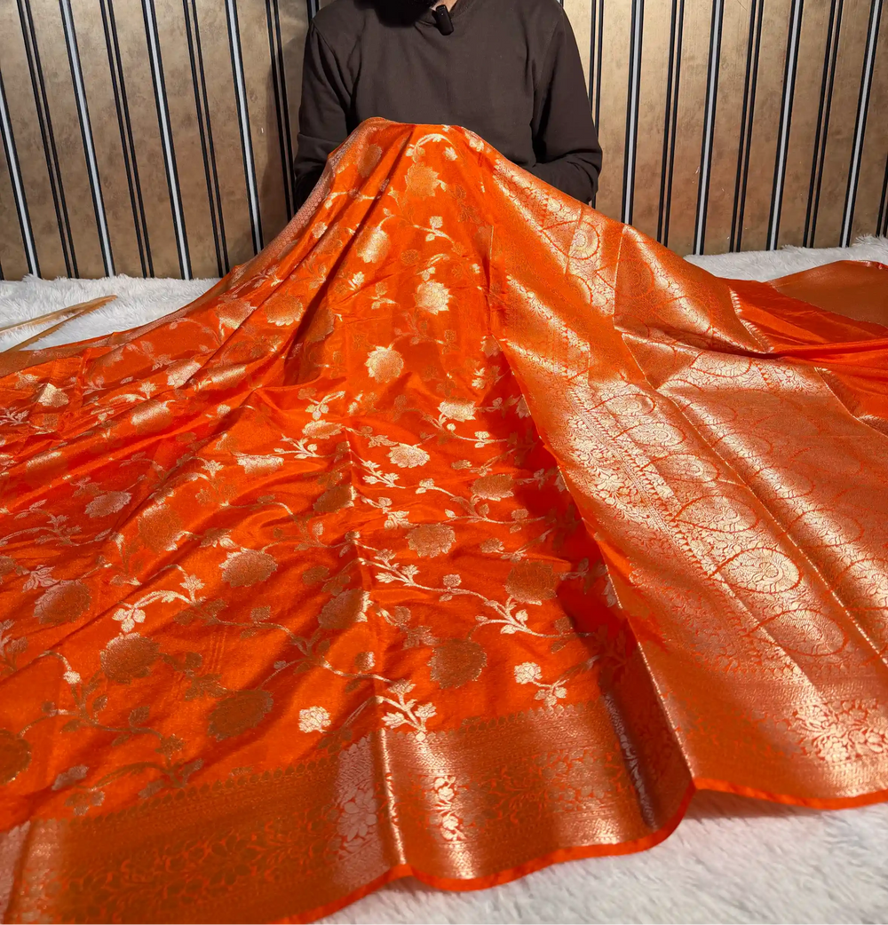 Bright Orange Chinia Silk Floral Jaal Weave Banarasi Saree