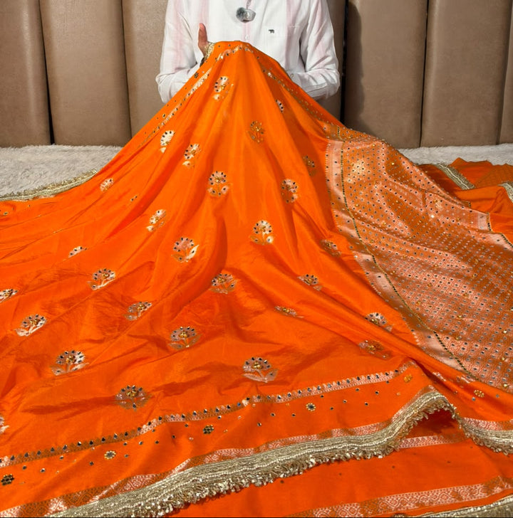 Bright Orange Chinia Silk Ghungroo Mirror Work Saree
