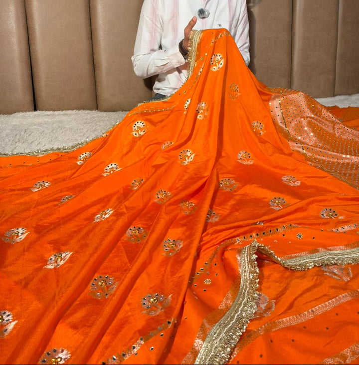 Bright Orange Chinia Silk Ghungroo Mirror Work Saree