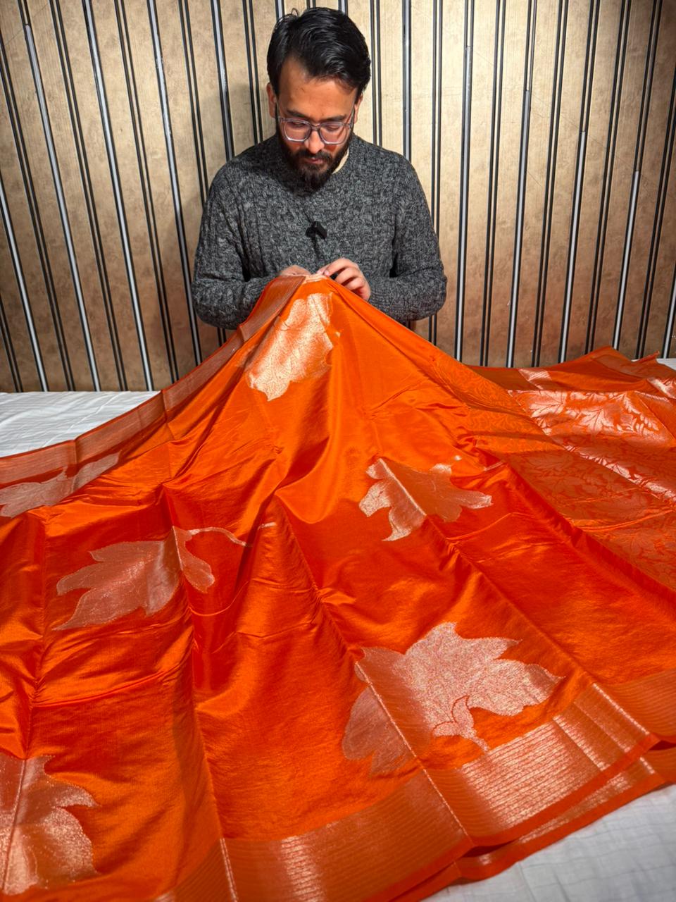 Bright Orange Chinia Silk Heritage Grand Design Banarasi Saree
