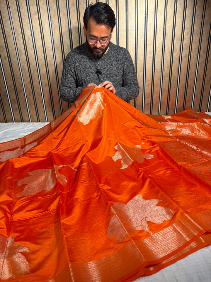 Bright Orange Chinia Silk Heritage Grand Design Banarasi Saree