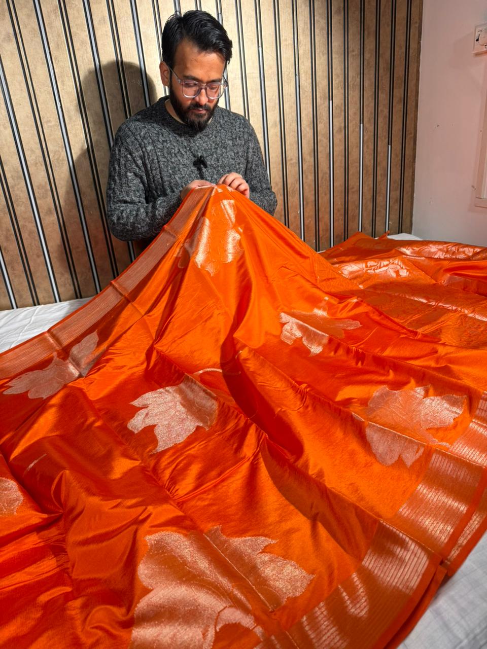 Bright Orange Chinia Silk Heritage Grand Design Banarasi Saree