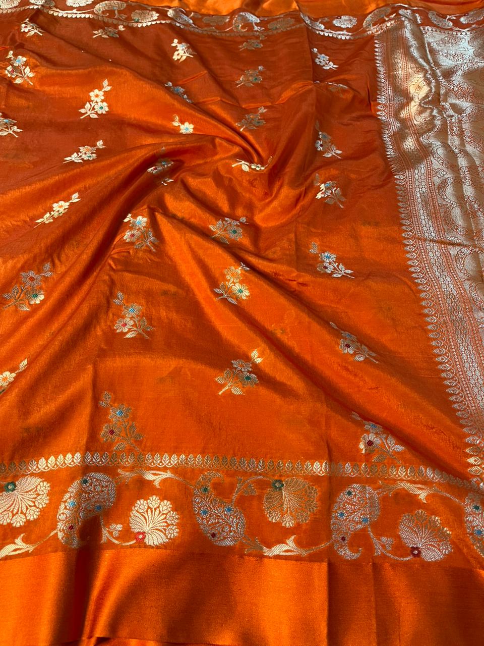 Bright Orange Chinia Silk Heritage Weave Banarasi Saree