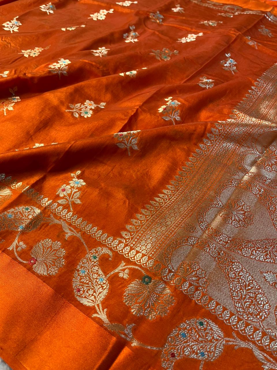 Bright Orange Chinia Silk Heritage Weave Banarasi Saree