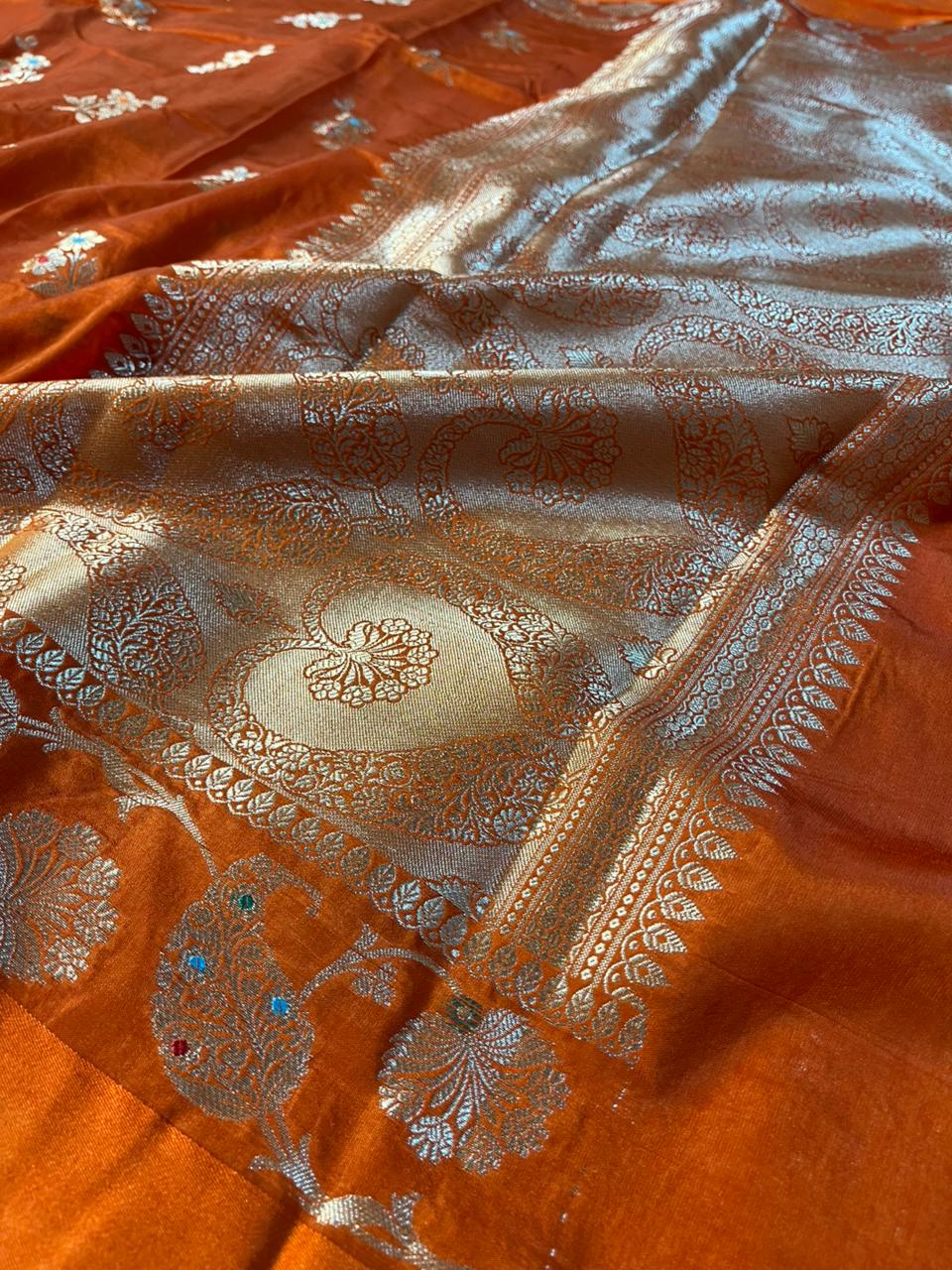 Bright Orange Chinia Silk Heritage Weave Banarasi Saree