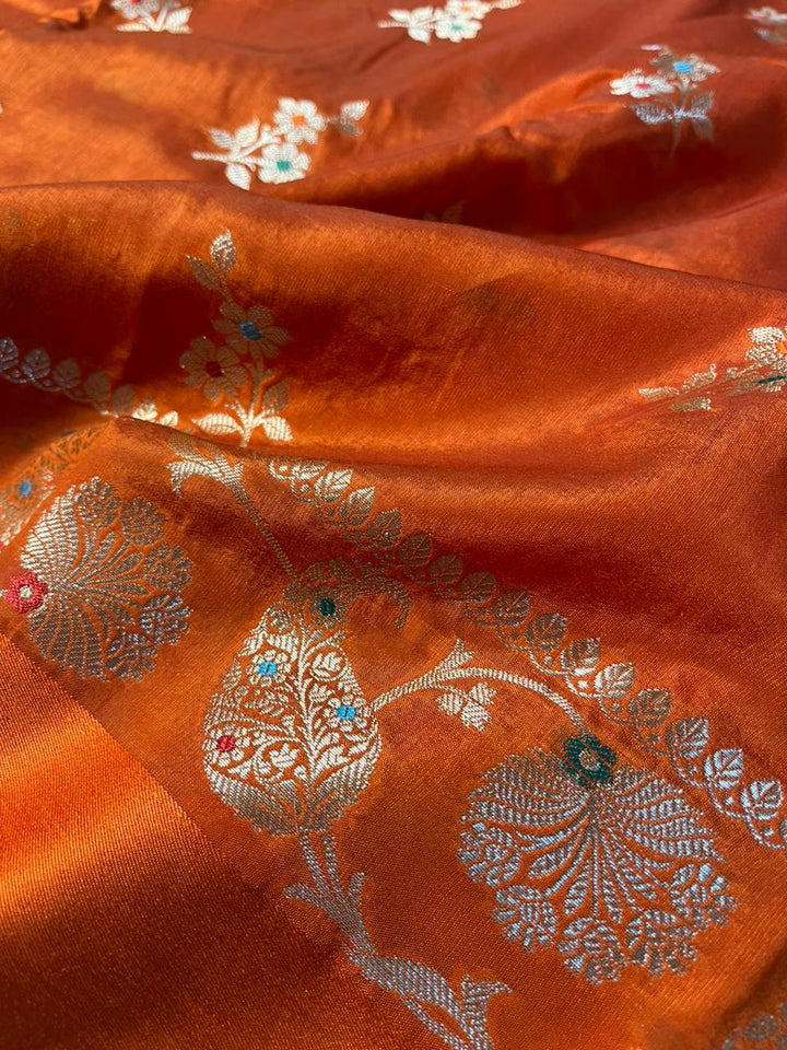 Bright Orange Chinia Silk Heritage Weave Banarasi Saree