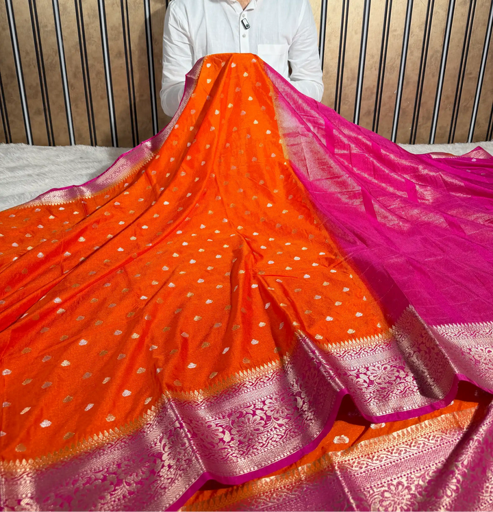 Bright Orange Chinia Silk Traditional Buti Banarasi Saree