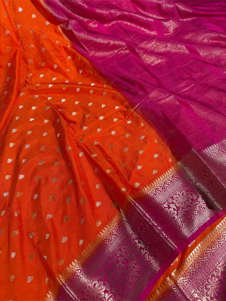 Bright Orange Chinia Silk Traditional Buti Banarasi Saree