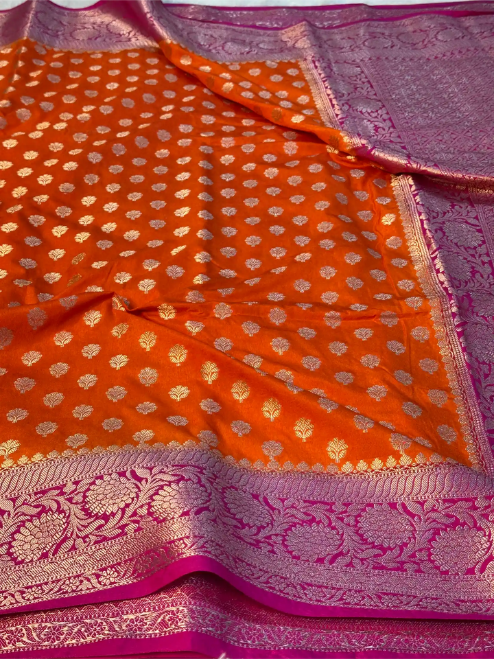 Bright Orange Chiniya Silk Khaddi Buti Banarasi Saree