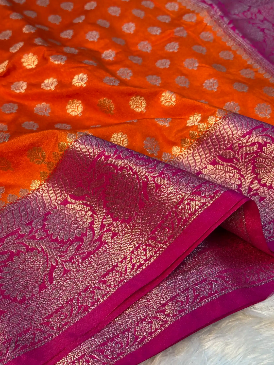 Bright Orange Chiniya Silk Khaddi Buti Banarasi Saree