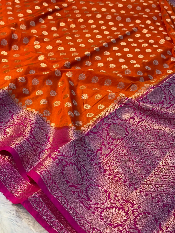 Bright Orange Chiniya Silk Khaddi Buti Banarasi Saree