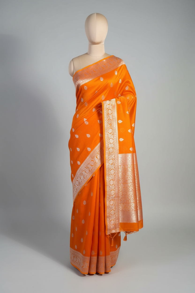 Bright Orange Soft Silk Buta Weave Banarasi Saree