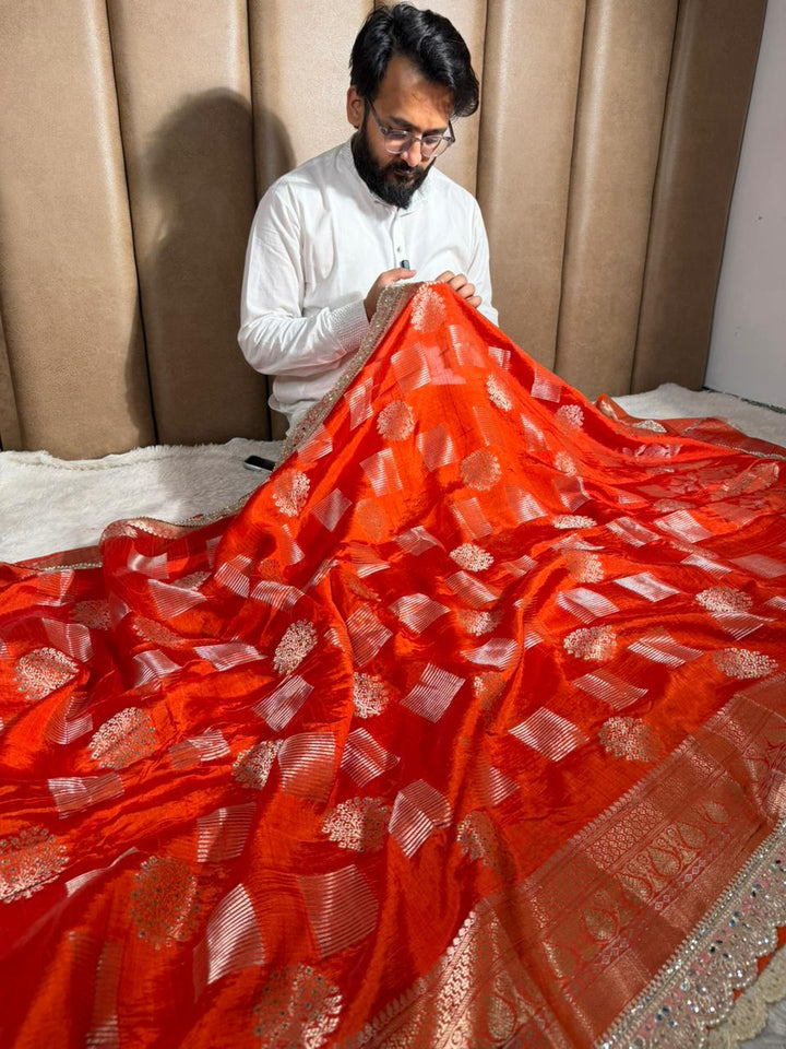Bright Orange Dupion Silk Premium Designer Saree