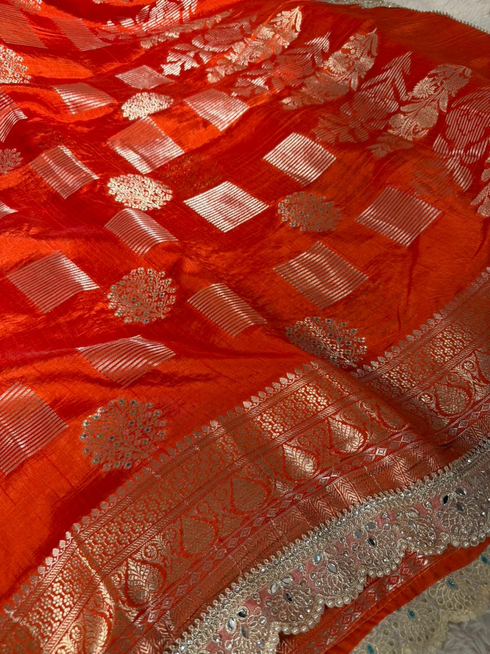 Bright Orange Dupion Silk Premium Designer Saree
