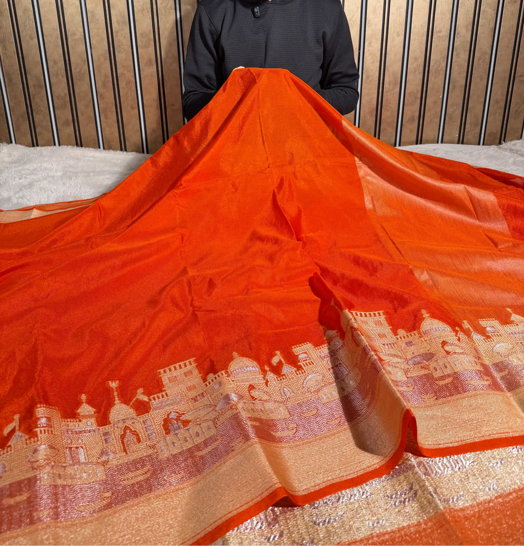 Bright Orange Georgette Silk Ghats of Banaras Banarasi Saree