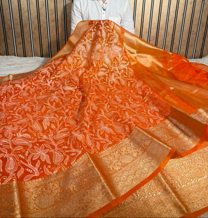 Bright Orange Kora Organza Chikankari Embroidered Banarasi Saree