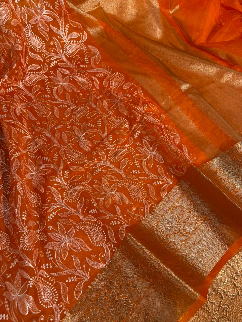 Bright Orange Kora Organza Chikankari Embroidered Banarasi Saree ...