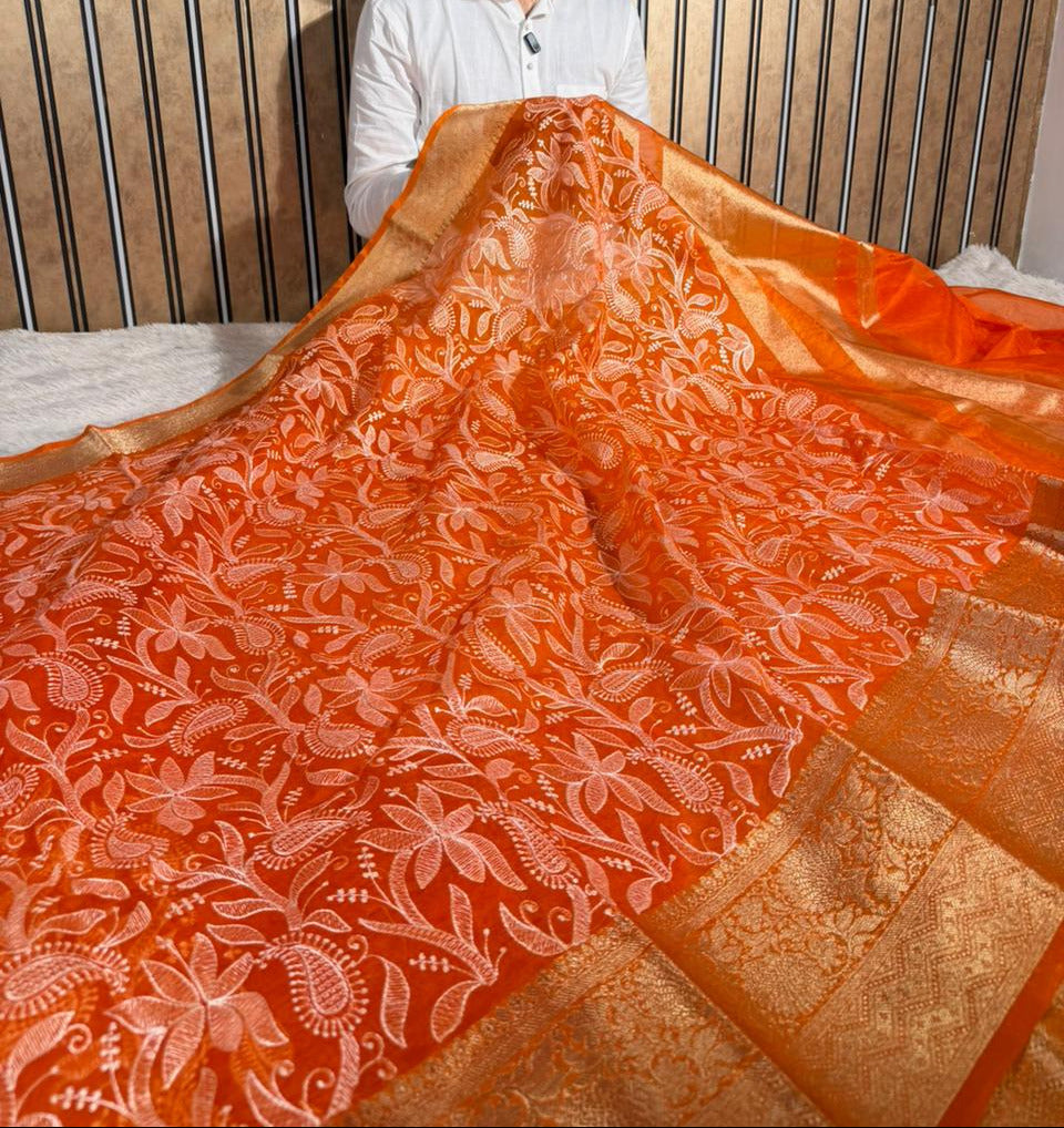 Bright Orange Kora Organza Chikankari Embroidered Banarasi Saree