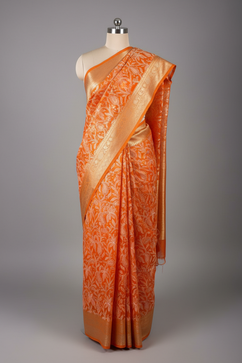 Bright Orange Kora Organza Chikankari Embroidered Banarasi Saree ...