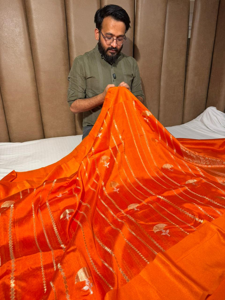 Bright Orange Mango Silk Heritage Banarasi Saree