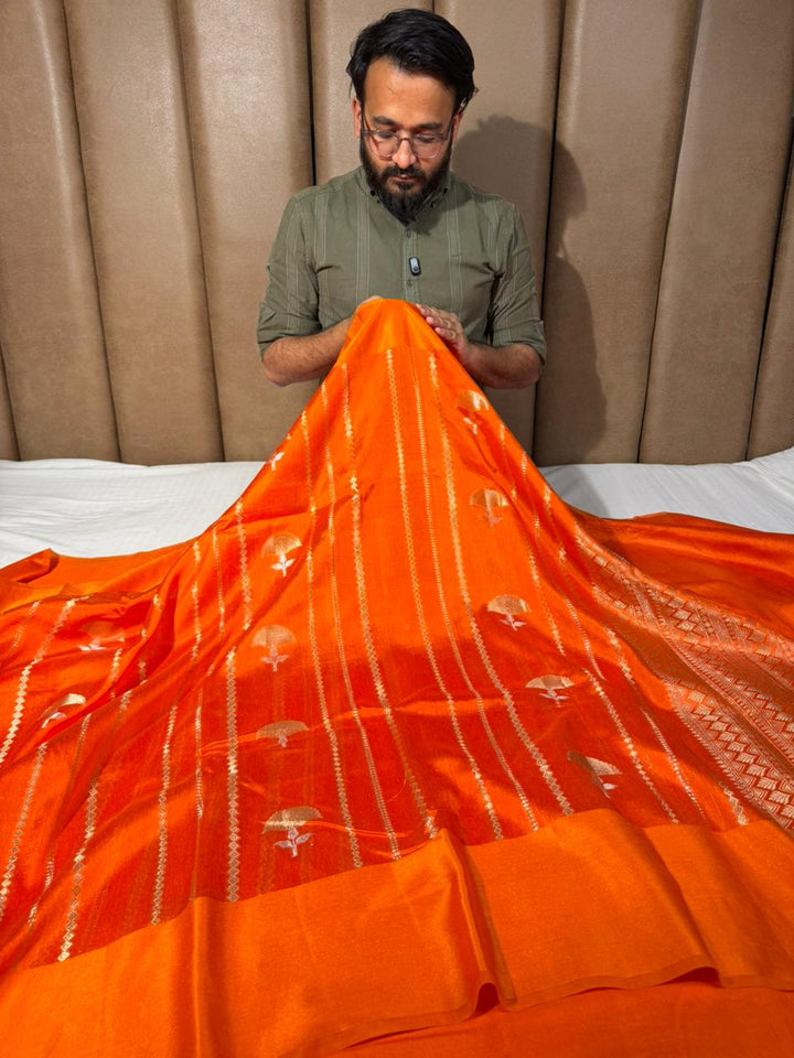 Bright Orange Mango Silk Heritage Banarasi Saree