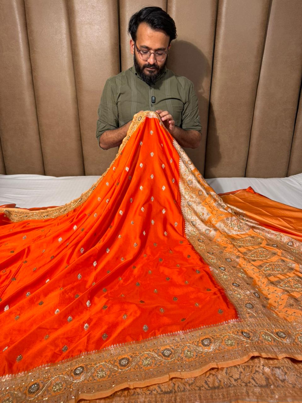 Bright Orange Mashru Katan Premium Handwork Saree