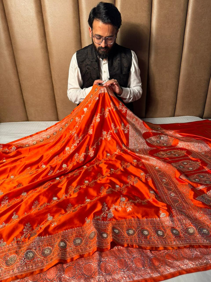 Bright Orange Mashru Katan Silk Aari and Stone Work Banarasi Saree