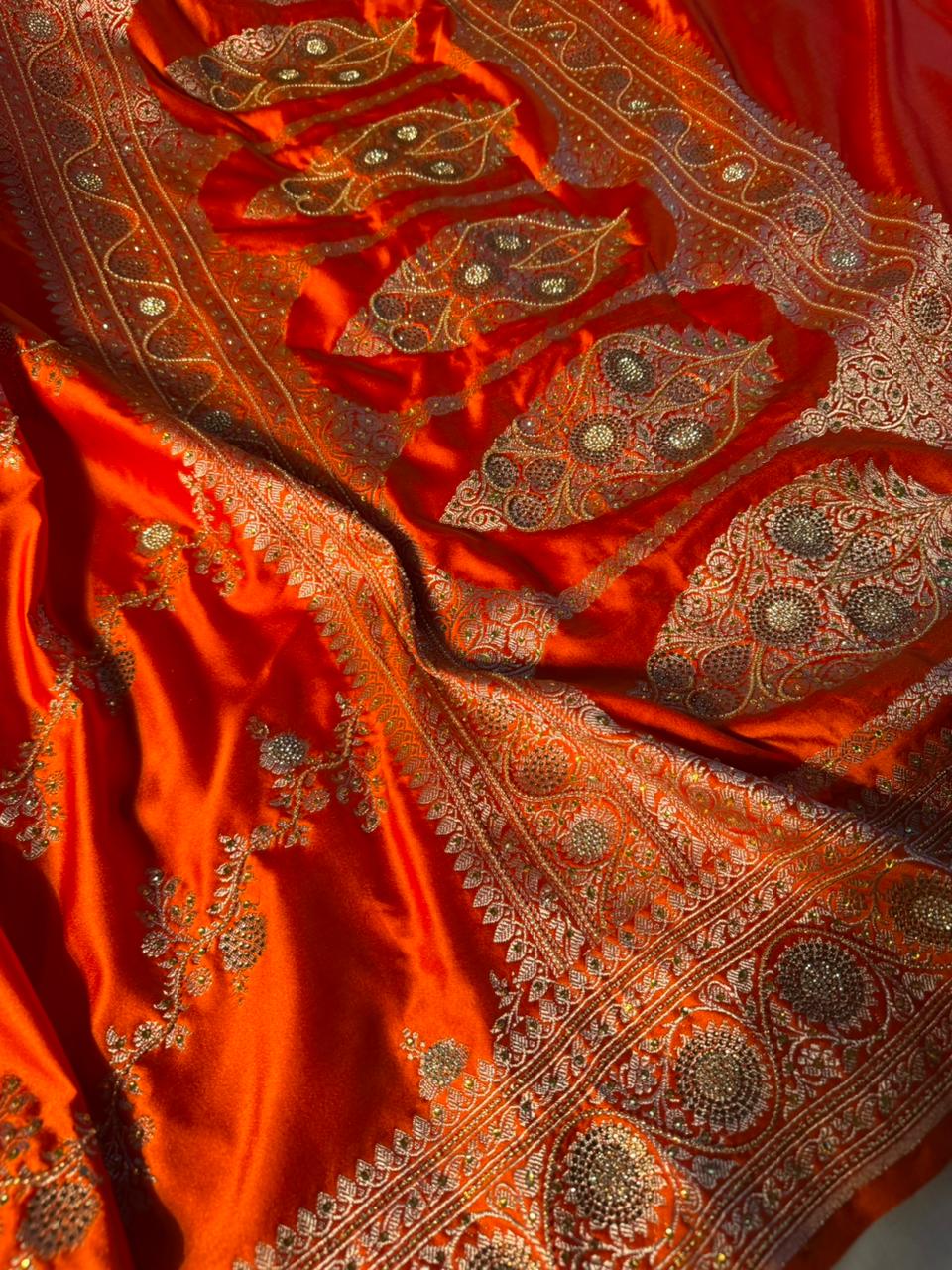Bright Orange Mashru Katan Silk Aari and Stone Work Banarasi Saree