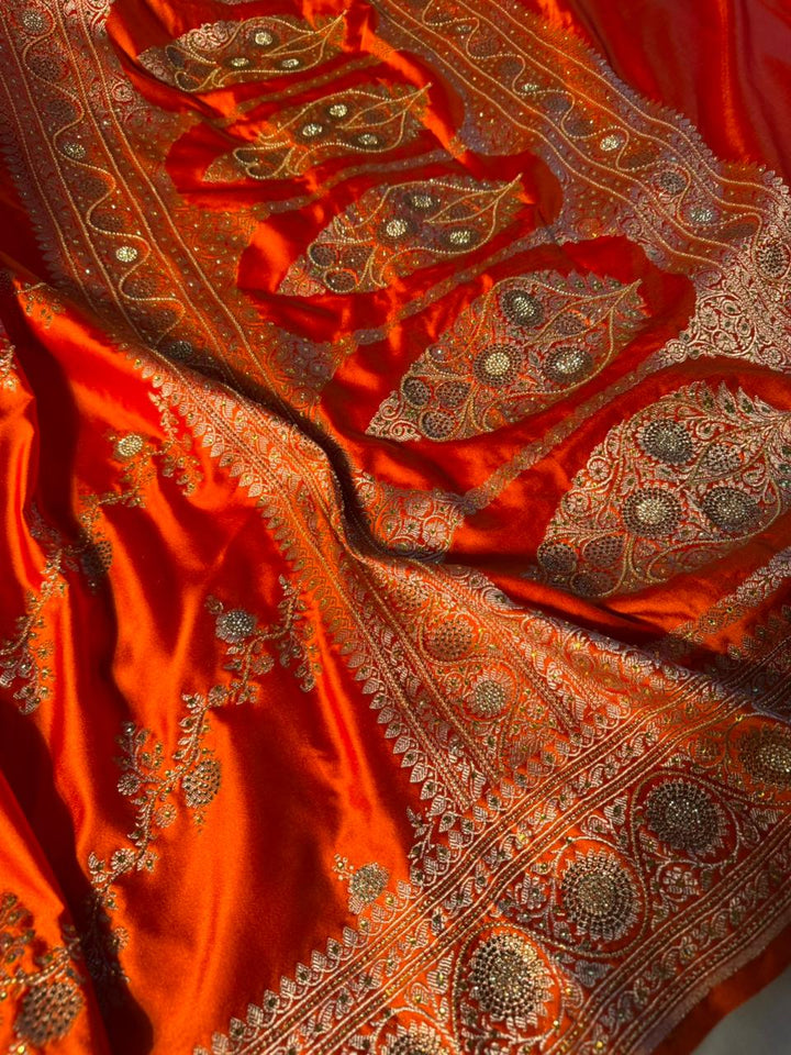 Bright Orange Mashru Katan Silk Aari and Stone Work Banarasi Saree