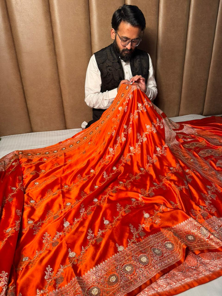 Bright Orange Mashru Katan Silk Aari and Stone Work Banarasi Saree