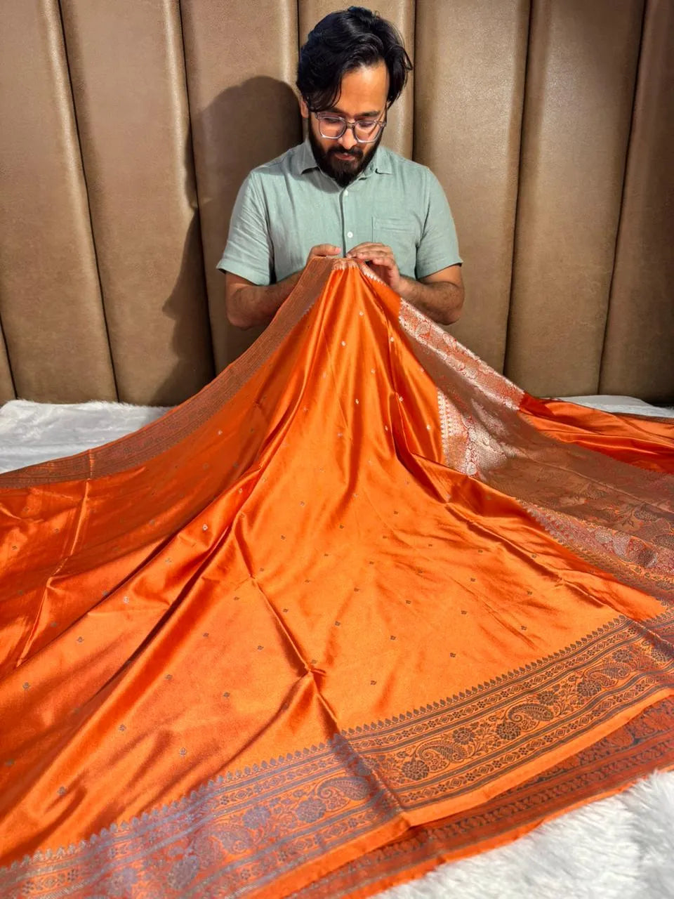 Bright Orange Mashru Katan Silk Buta Work Banarasi Saree