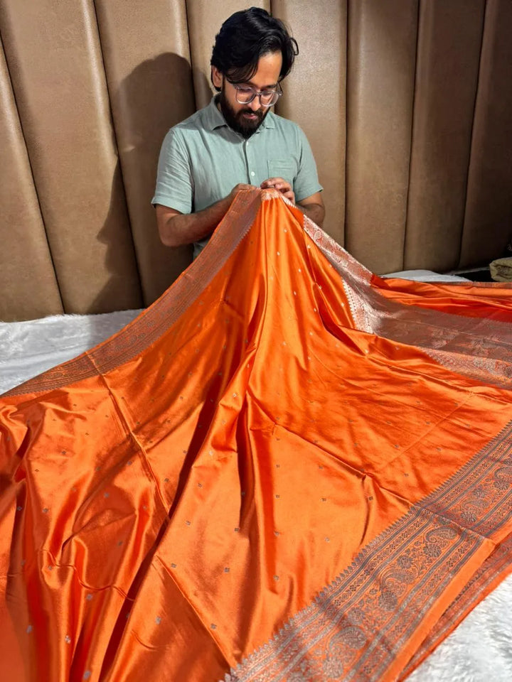 Bright Orange Mashru Katan Silk Buta Work Banarasi Saree