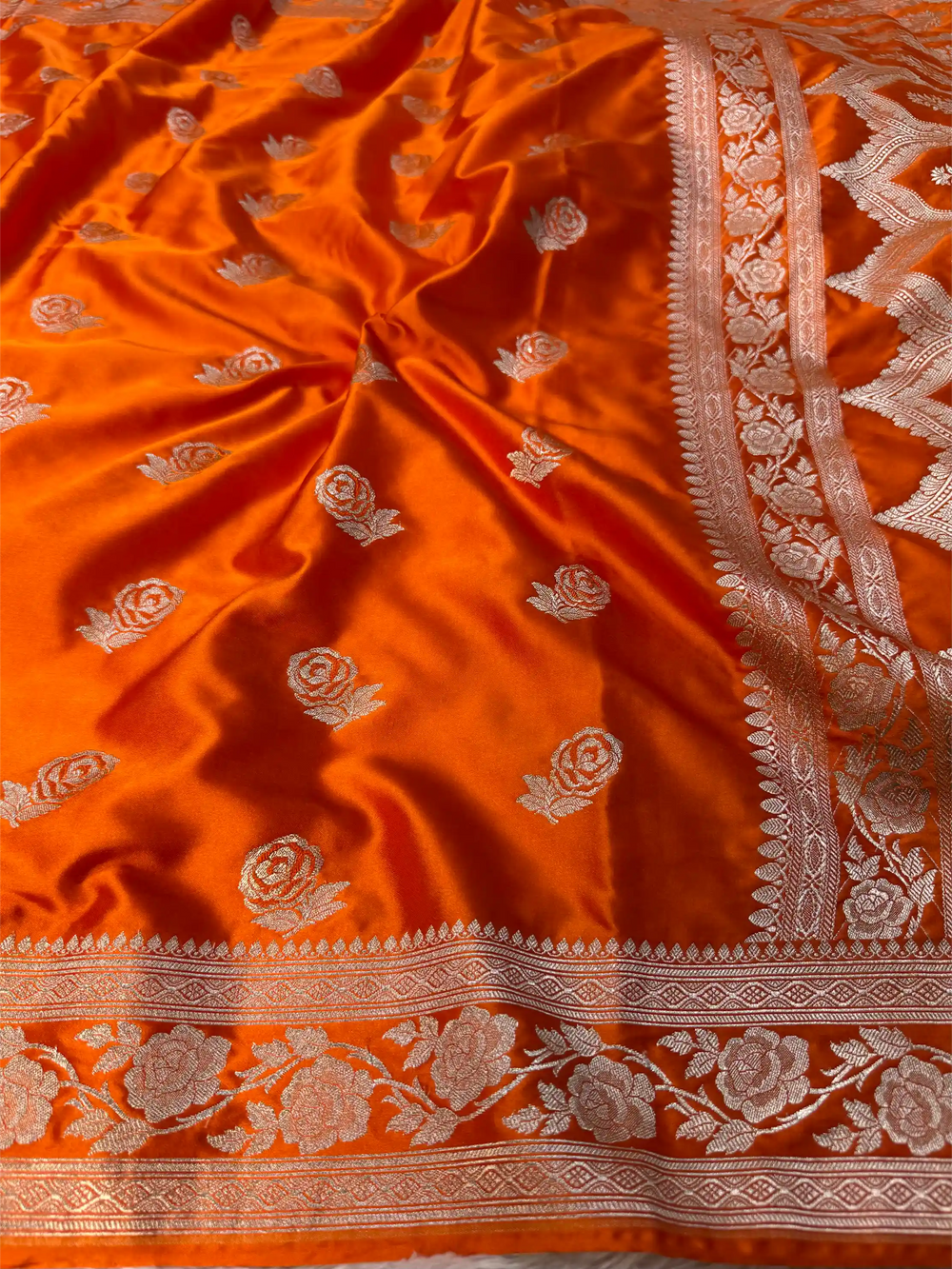 Bright Orange Mashru Katan Silk Golden Zari Floral Buta Banarasi Saree