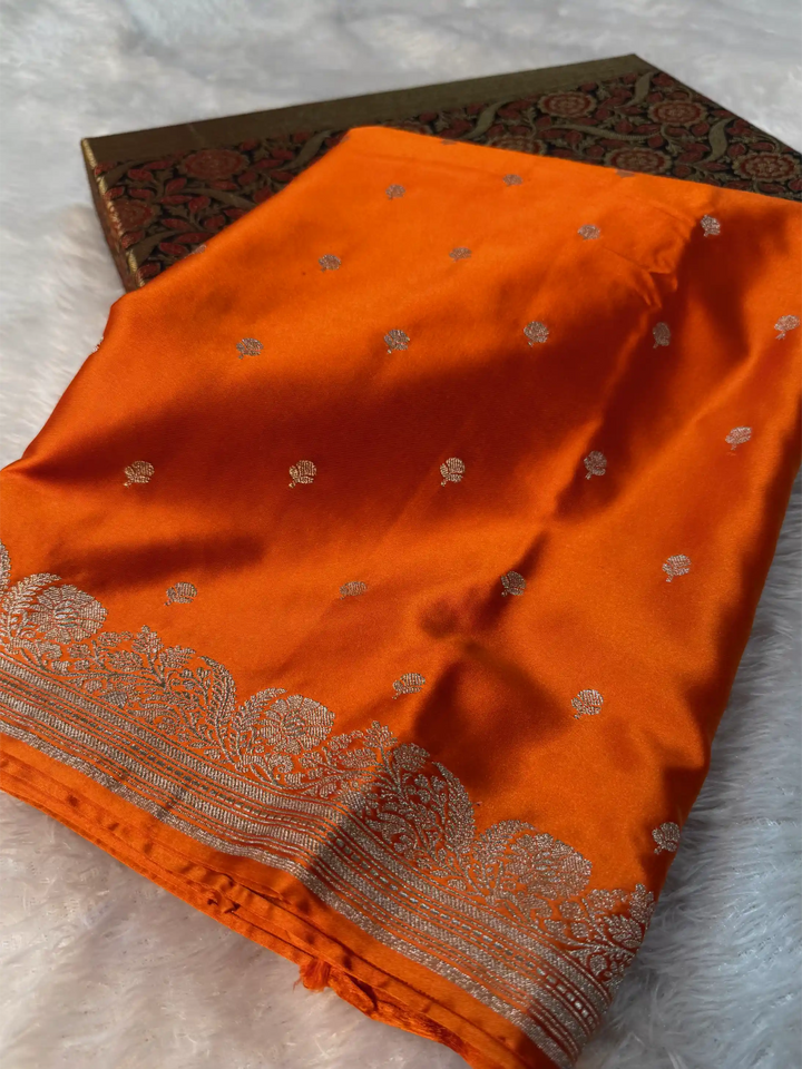 Bright Orange Mashru Katan Silk Heritage Banarasi Saree 