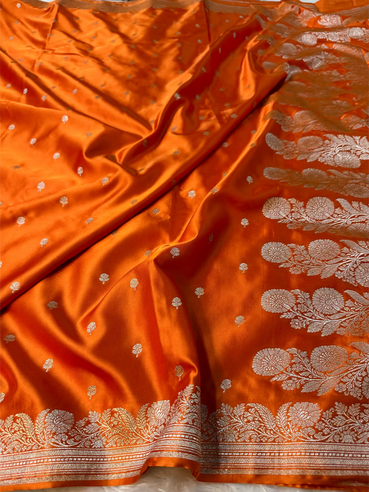 Bright Orange Mashru Katan Silk Heritage Banarasi Saree 