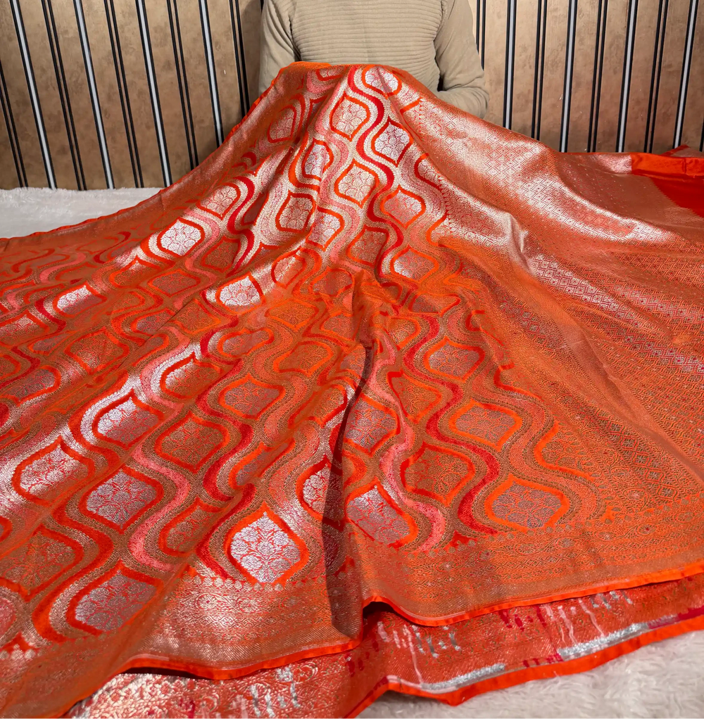 Bright Orange Mashru Katan Silk Heritage Grand Banarasi Saree